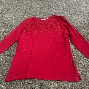 Quacker Factory red embellished sparkly long sleeve shirt L